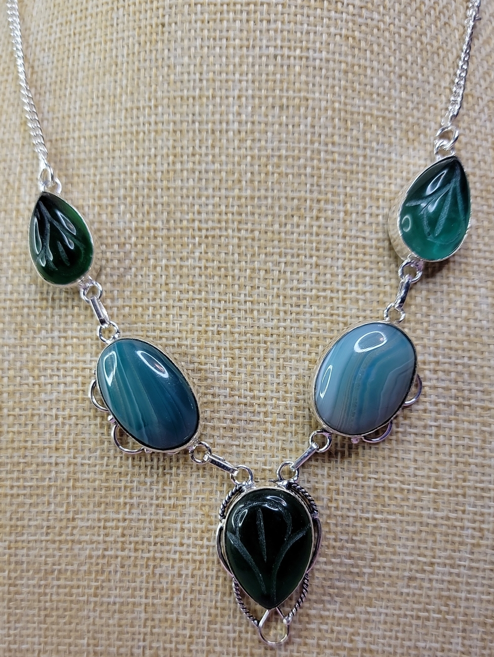 Sterling Silver Hand Carved Green Calcitony And Green Banded Agate Necklace